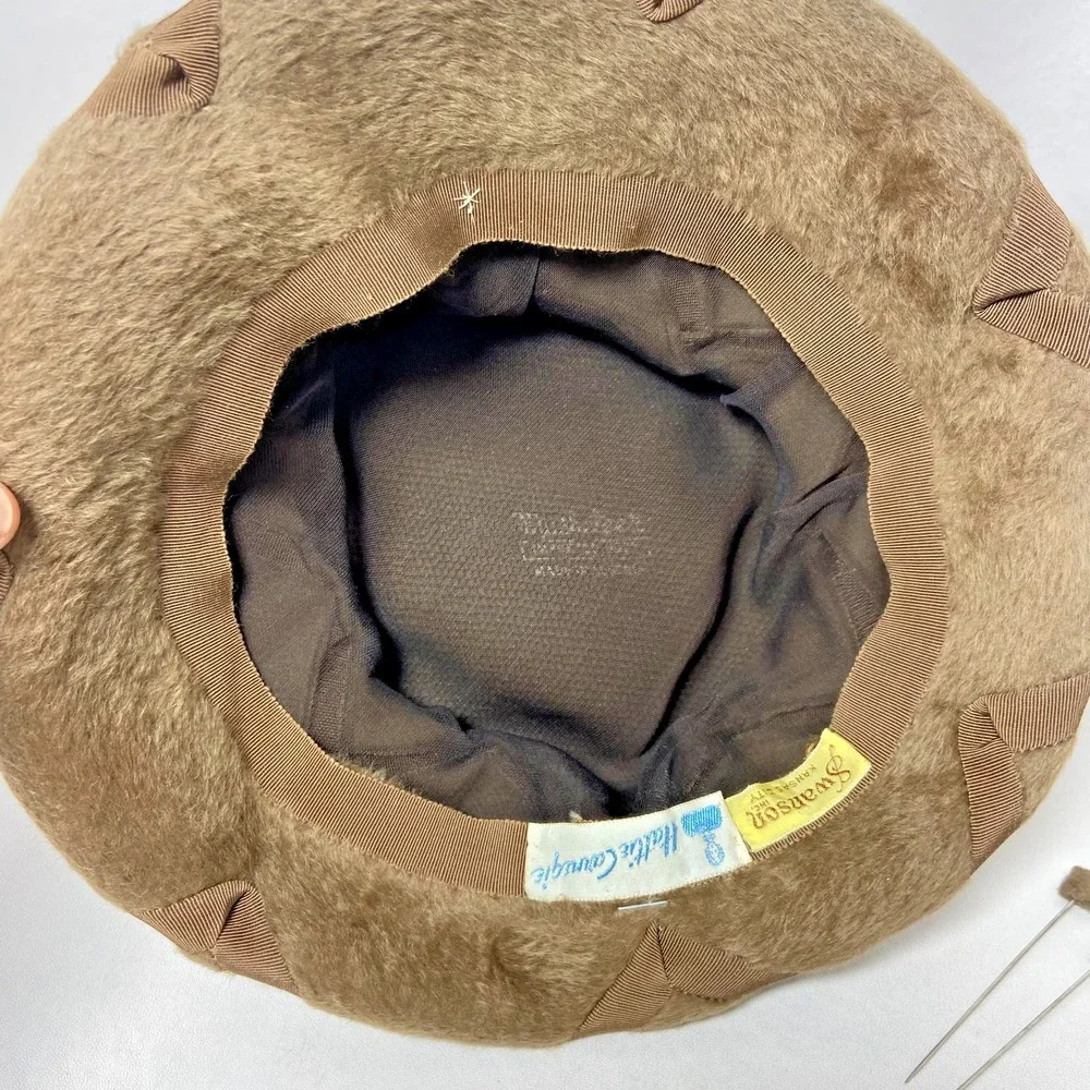 VTG Swanson Hattie Carnegie Faux Fur Brown Cloche Hat w/ 2 Matching Hat Pins 50s - Picture 4 of 7